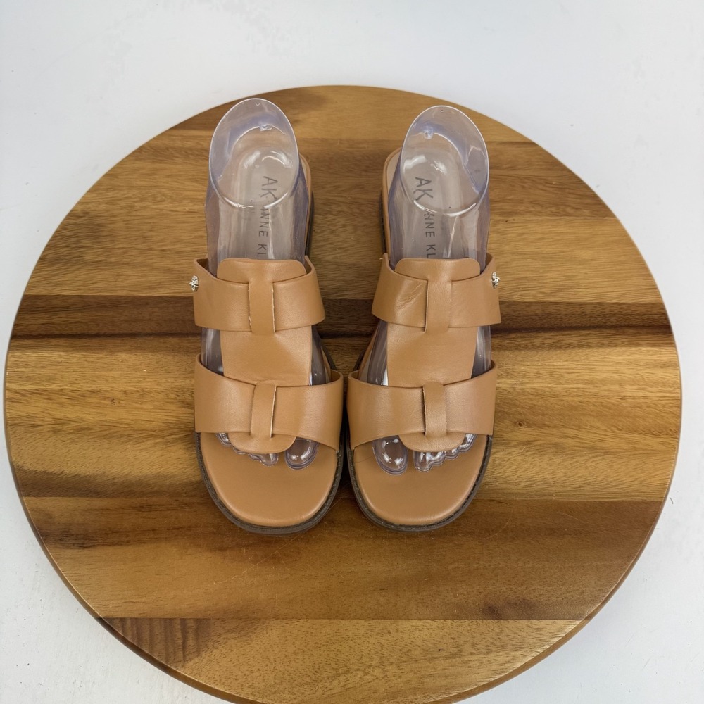 New NWOB Womens Anne Klein Babs Brown Leather Strappy Slides‎ Sandals Size 9 M